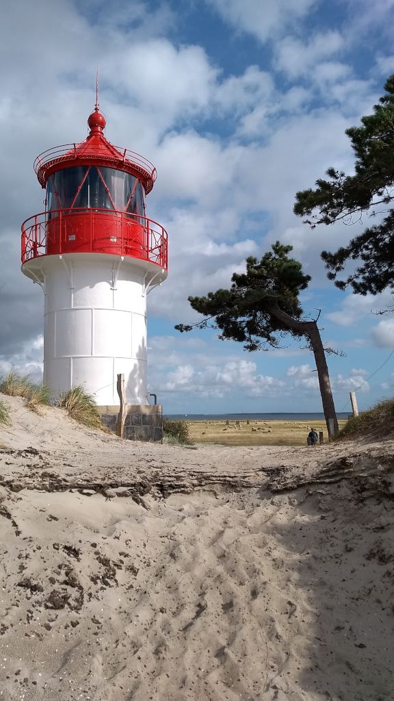 Blick am kleinen Leuchtturm vorbei über den Gellen nach Rügen